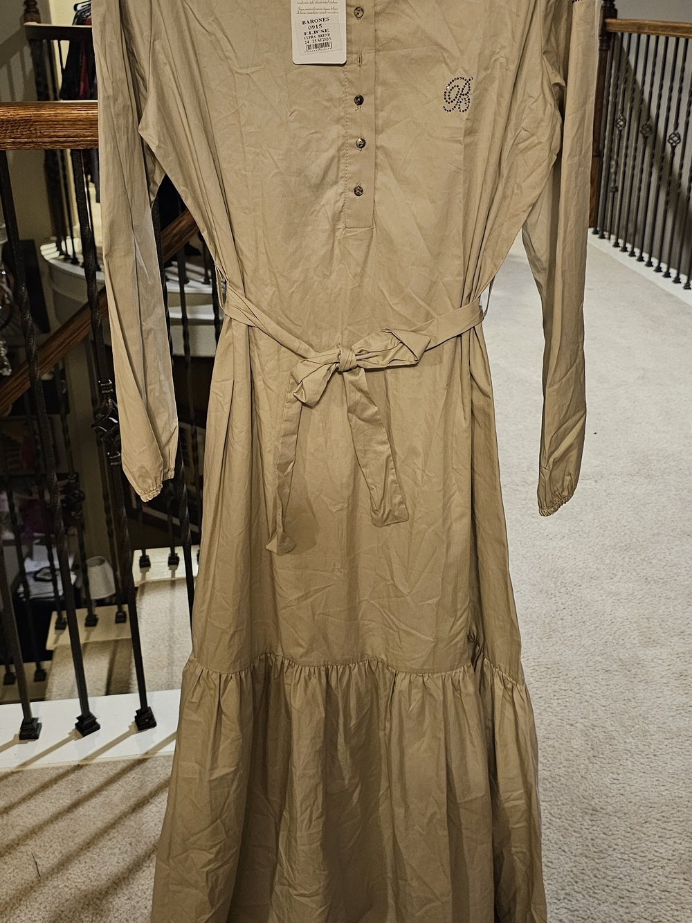 Barones With Swarovski Crystals Accents Tie-Waist Maxi Dress in Tan Ptp 23in